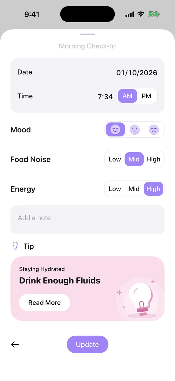 A morning check‑in: mood, food noise and energy, with a tip beneath